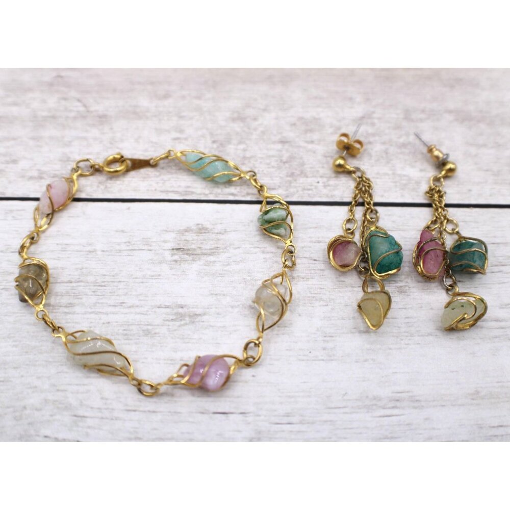 Natural Mixed Gemstone Bracelet and Dangle Earring Set Gold-Tone Wire Wrap Vtg